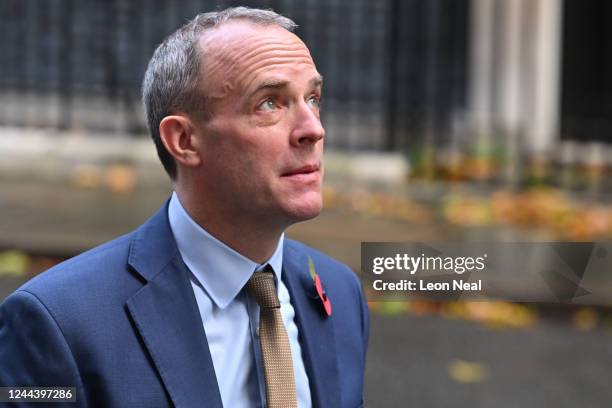 Deputy Prime Minister Dominic Raab leaves a Cabinet Meeting at 10 Downing Street on November 1, 2022 in London, England. It was the second meeting of...