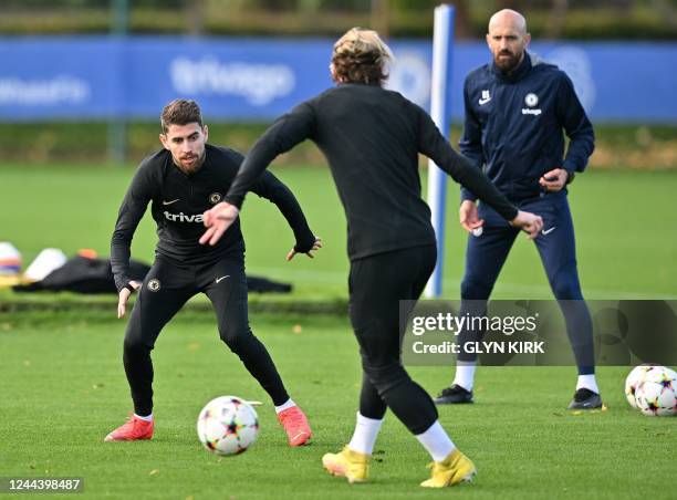 Chelsea's Italian midfielder Jorginho attends a team training session at Chelsea's Cobham training facility in Stoke D'Abernon, southwest of London...