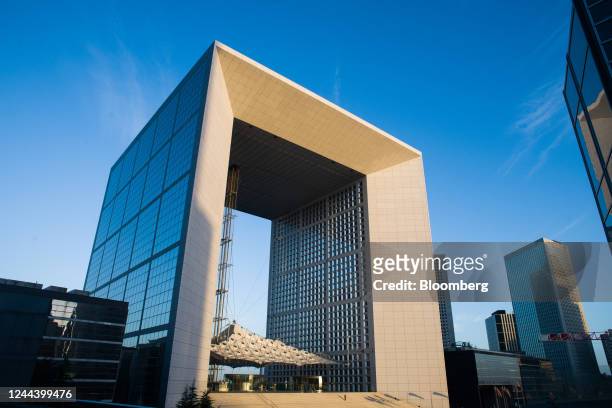 The Grande Arche monument in the La Defense business and financial district at sunrise in Paris, France, on Tuesday, Nov. 1, 2022. France's...
