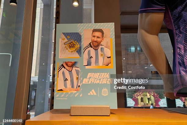 Jerseys of Argentina for the 2022 Qatar World Cup are seen at the Adidas store on Nanjing Road pedestrian street in Shanghai, China, Nov 1, 2022.