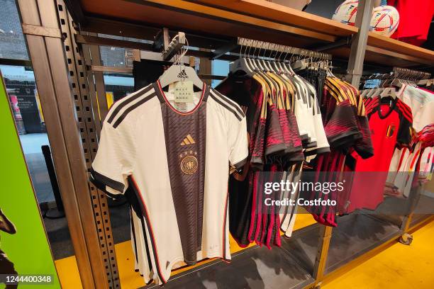 Jerseys of Germany for the 2022 Qatar World Cup are seen at the Adidas store on Nanjing Road pedestrian street in Shanghai, China, Nov 1, 2022.