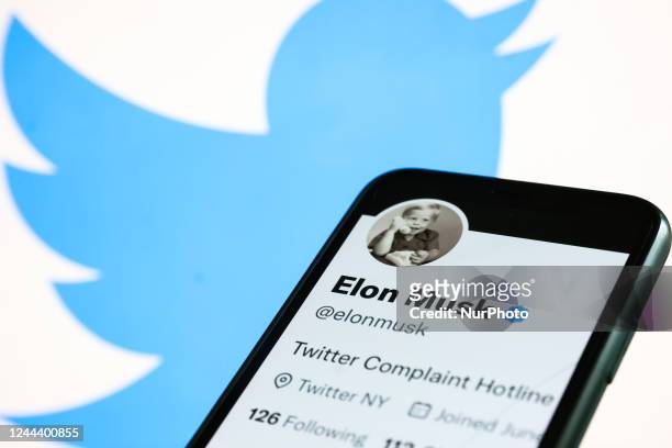 Elon Musk's Twitter account displayed on a phone screen and Twitter logo displayed on a laptop screen are seen in this illustration photo taken in...