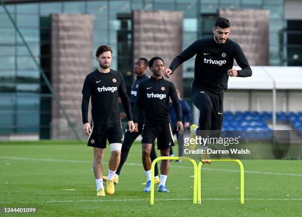 Armando Broja of Chelsea during a training session ahead of their UEFA Champions League group E match against Dinamo Zagreb at Stamford Bridge on...