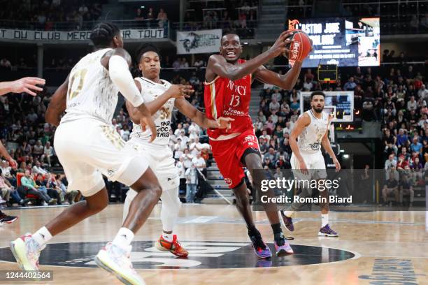 Stephane GOMBAULD of Nancy and Yves PONS of Lyon and Jonah MATHEWS of Lyon during the Betclic Elite match between LDLC ASVEL and Stade Lorrain...