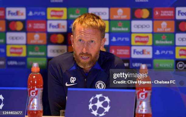 Chelsea Manager Graham Potter during a press conference ahead of their UEFA Champions League group E match against Dinamo Zagreb at Stamford Bridge...
