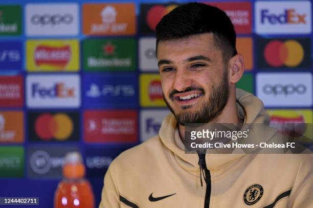 Armando Broja of Chelsea during a press conference ahead of their UEFA Champions League group E match against Dinamo Zagreb at Stamford Bridge on...