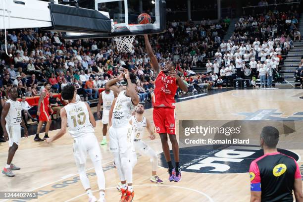 Stephane GOMBAULD of Nancy and Zaccharie RISACHER of Lyon and Yves PONS of Lyon and Antoine DIOT of Lyon during the Betclic Elite match between LDLC...