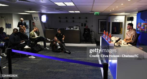 Armando Broja of Chelsea during a press conference ahead of their UEFA Champions League group E match against Dinamo Zagreb at Stamford Bridge on...