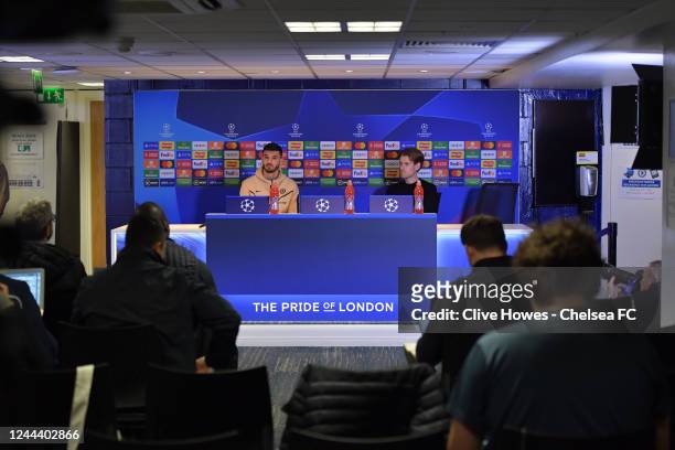 Armando Broja of Chelsea during a press conference ahead of their UEFA Champions League group E match against Dinamo Zagreb at Stamford Bridge on...