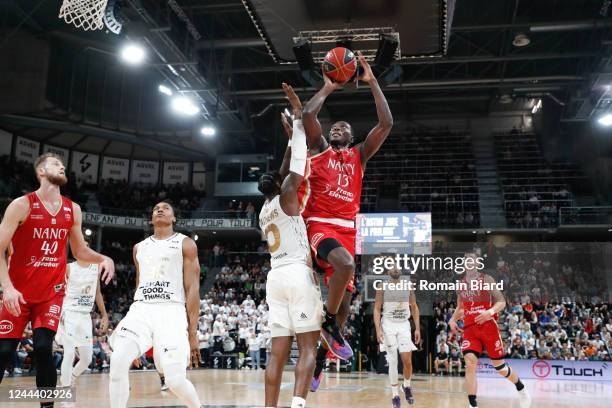 Stephane GOMBAULD of Nancy and Jonah MATHEWS of Lyon during the Betclic Elite match between LDLC ASVEL and Stade Lorrain Universite Club Nancy at The...