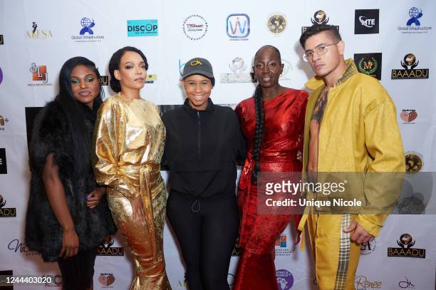 Jasmine Bates of Jae Mikelle with models attend the BAAADU Fashion And Awards Gala at Sonesta Los Angeles Airport LAX Hotel on October 30, 2022 in...