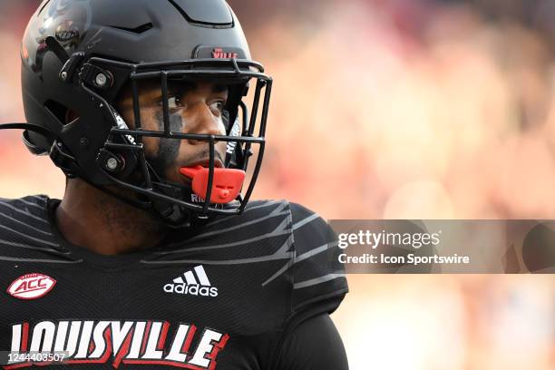 Louisville Cardinals running back Tiyon Evans looks across the field during the college football game between the Wake Forest Demon Deacons and the...