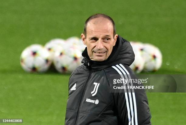 Juventus' Italian coach Massimiliano Allegri looks on during a training session at JTC Continassa in Turin, on November 1, 2022 on the eve of the...