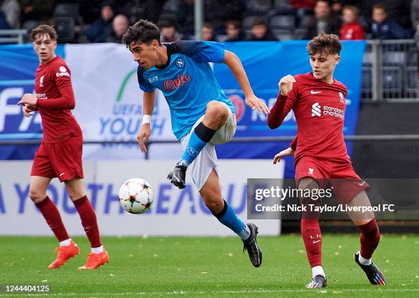 Bobby Clark of Liverpool and Lorenzo Russo of Napoli in action during the UEFA Youth League group A match between Liverpool FC and SSC Napoli at AXA...