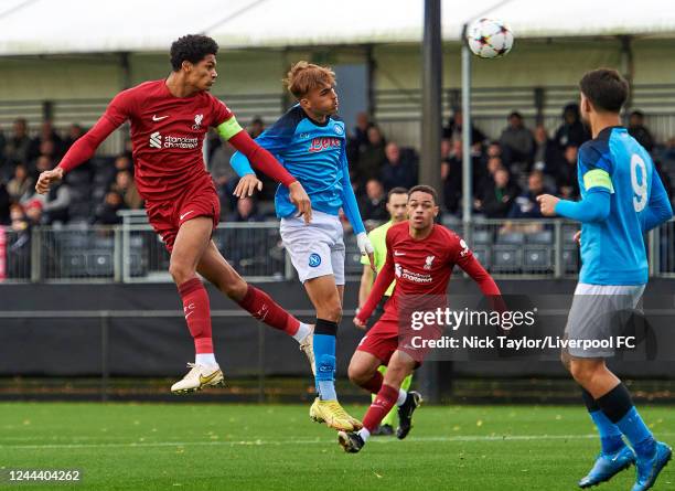 Jarell Quansah of Liverpool and Dylan De Pasquale of Napoli in action during the UEFA Youth League group A match between Liverpool FC and SSC Napoli...