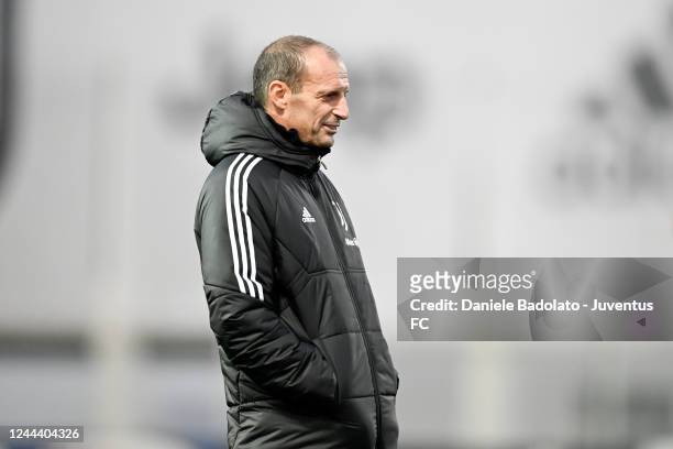 Massimiliano Allegri of Juventus during a training session ahead of their UEFA Champions League group H match against Paris Saint-Germain at Allianz...