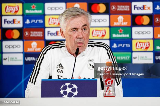 Carlo Ancelotti head coach of Real Madrid CF talks during the press conference of Real Madrid ahead of their UEFA Champions League group F match...