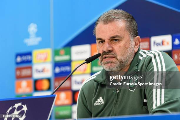 Celtic FC Head Coach Ange Postecoglou talks during the Celtic FC Press Conference ahead of their UEFA Champions League group F match against Real...