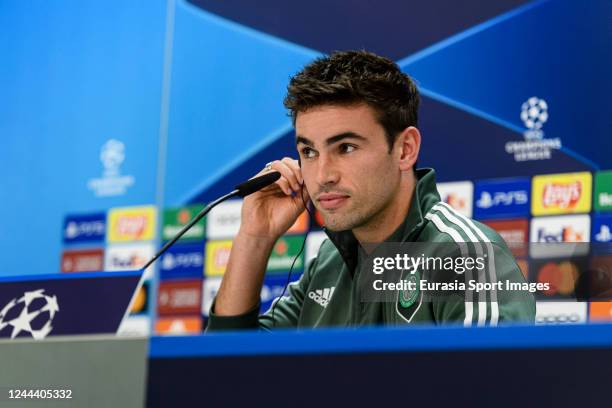 Matt O'Riley of Celtic FC talks during the Celtic FC Press Conference ahead of their UEFA Champions League group F match against Real Madrid at...