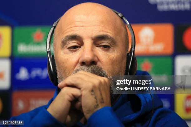 Sevilla's Argentinian coach Jorge Sampaoli attends a press conference at the Etihad Stadium in Manchester, north west England on November 1 on the...