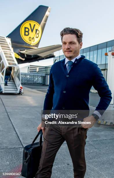 Manager Edin Terzic of Borussia Dortmund at the airport ahead of their UEFA Champions League group G match against FC Copenhagen at Parken Stadium on...