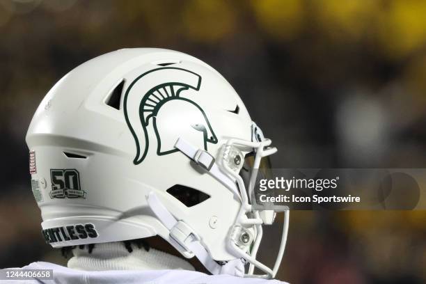 General view of a Michigan State players helmet in seen during a college football game between the Michigan State Spartans and the Michigan...