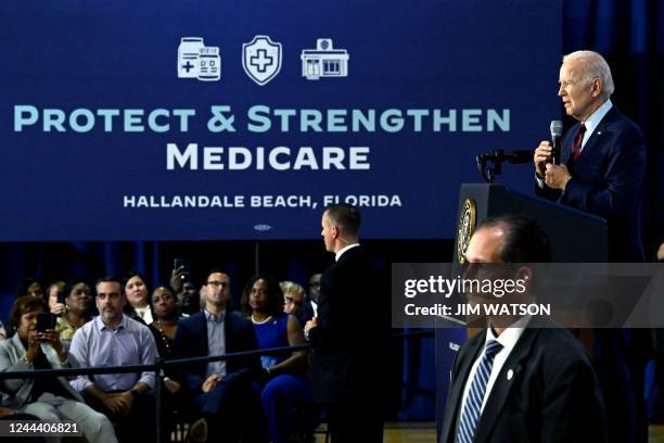 President Joe Biden speaks about protecting Social Security and Medicare and lowering prescription drug costs, at OB Johnson Park Community Center in...