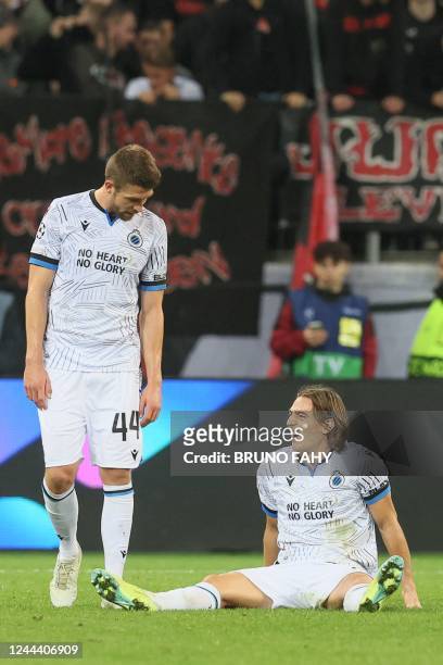 Club Brugge's Belgian defender Brandon Mechele reacts after the end of the UEFA Champions League Group B football match Bayer 04 Leverkusen vs Club...