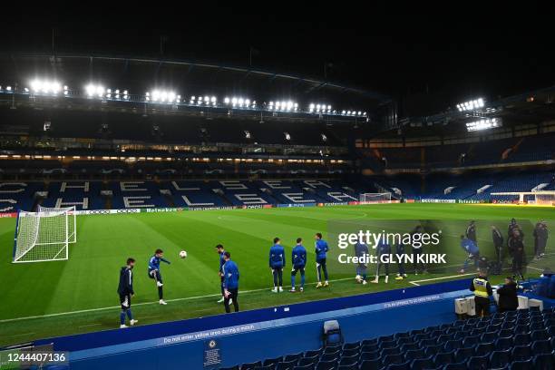Dinamo Zagreb players warm up during team training session on the eve of the UEFA Champions League group E football match between against Chelsea at...