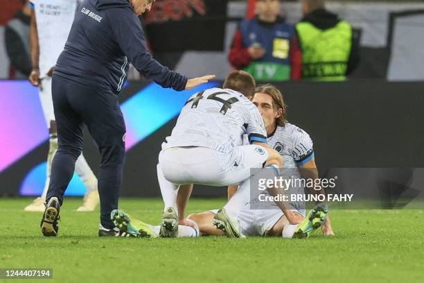 Club Brugge's Belgian defender Brandon Mechele reacts after the end of the UEFA Champions League Group B football match Bayer 04 Leverkusen vs Club...