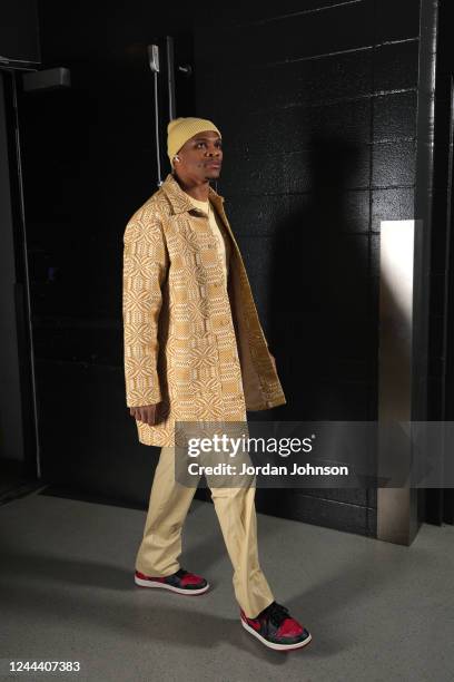 Russell Westbrook of the Los Angeles Lakers arrives to the arena before the game against the Minnesota Timberwolves on October 28, 2022 at Target...