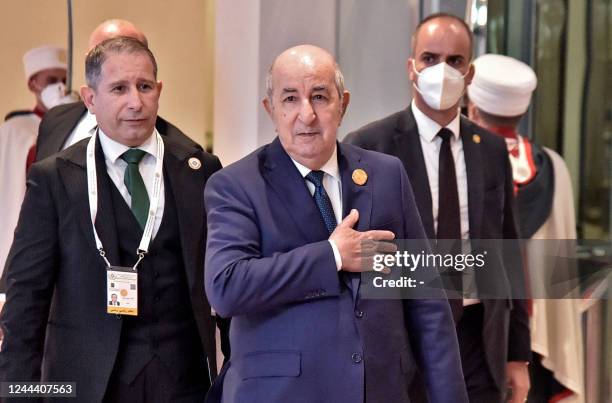 Algerian President Abdelmadjid Tebboune leaves following the opening ceremony of the Arab summit in Algiers on November 1, 2022. - Arab leaders...