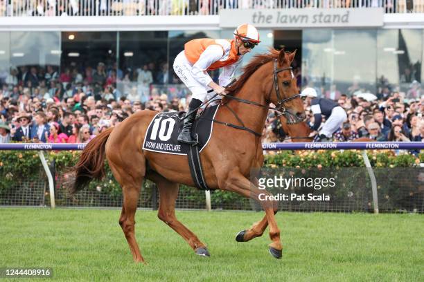 Vow And Declare ridden by Blake Shinn on the way to the barriers prior to the running of the Lexus Melbourne Cup at Flemington Racecourse on November...