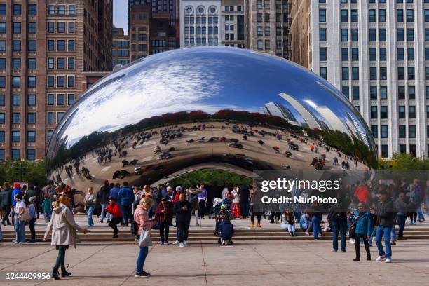 Cloud Gate, known as The Bean, is seen at AT-and-T Plaza at Millennium Park in Chicago, United States, on October 14, 2022. This very popular among...