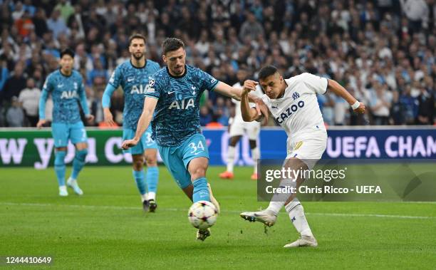 Alexis Sanchez of Olympique Marseille evades challenge from Clement Lenglet of Tottenham Hotspur during the UEFA Champions League group D match...