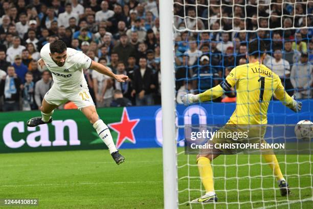 Marseille's Bosnian defender Sead Kolasinac heads the ball during the UEFA Champions League group D football match between Olympique Marseille and...