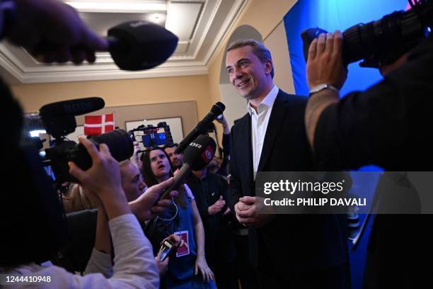 Chairman of the Danish People's Party Morten Messerschmidt speaks during the election night at the Danish People's Party in Christiansborg in...