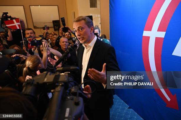 Chairman of the Danish People's Party Morten Messerschmidt speaks during the election night at the Danish People's Party in Christiansborg in...