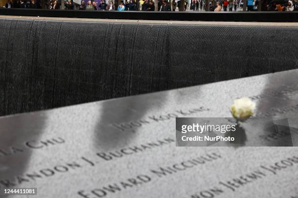World Trade Center terrorist attack victims names are seen on the Memorial Pool at the National 9/11 Memorial in New York City, United States on...