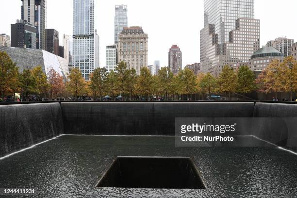 View of the Memorial Pool at the National 9/11 Memorial in New York City, United States on October 23, 2022.