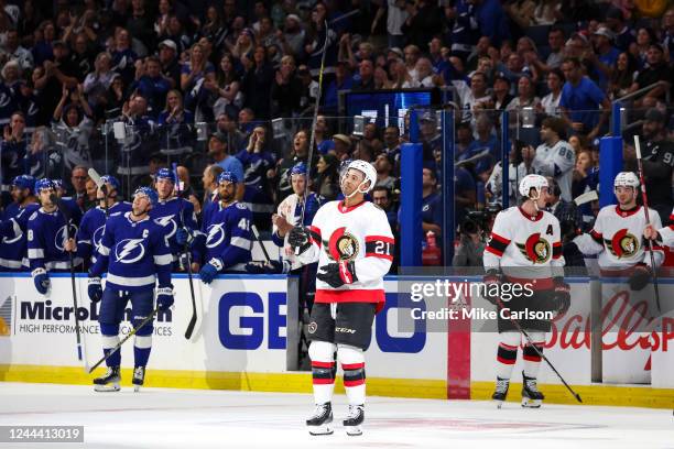 Mathieu Joseph of the Ottawa Senators acknowledges fans after a video tribute during his return to face his former team, the Tampa Bay Lightning,...