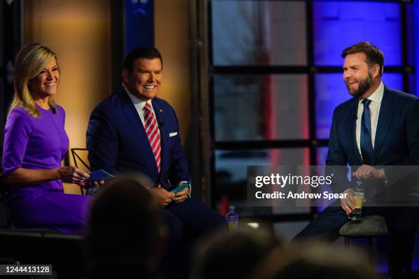 Republican Senate nominee JD Vance speaks at a townhall-style debate hosted by Bret Baier and Martha MacCallum of Fox News at The Fives on November...