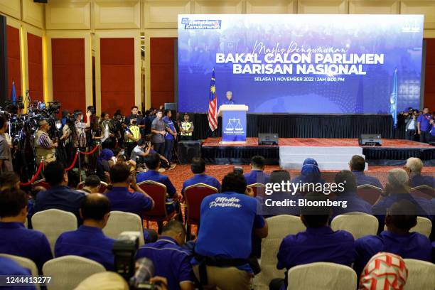 Ahmad Zahid Hamidi, president of the United Malays National Organization, speaks during an announcement of Barisan National candidates, ahead of...