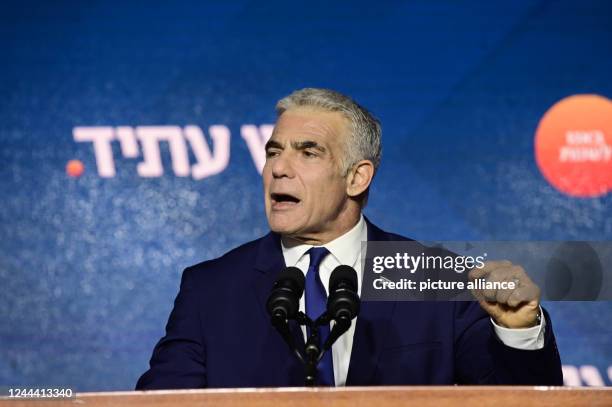 November 2022, Israel, Tel Aviv: Israeli Prime Minister Yair Lapid gives a statement following the exit polls of the 2022 Israeli general election,...