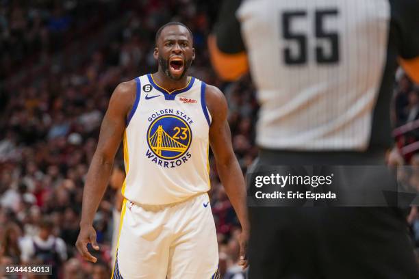 Draymond Green of the Golden State Warriors yells at referee Bill Kennedy after being called for a technical foul during the first half against the...