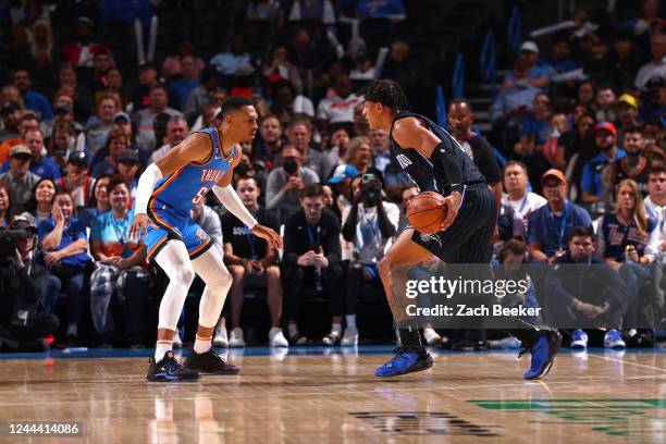 Darius Bazley of the Oklahoma City Thunder plays defense during the game against the Orlando Magic on November 1, 2022 at Paycom Arena in Oklahoma...