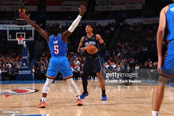 Paolo Banchero of the Orlando Magic looks to pass the ball during the game against the Oklahoma City Thunder on November 1, 2022 at Paycom Arena in...