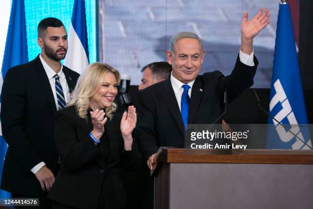 Former Israeli Prime Minister Benjamin Netanyahu and wife Sara Netanyahu greet supporters at an election night event for the Likud party on November...