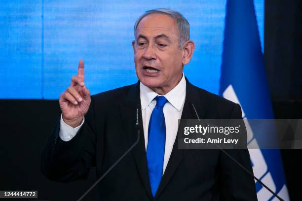 Former Israeli Prime Minister and Likud party leader Benjamin Netanyahu speaks at an election-night event on November 1, 2022 in Jerusalem, Israel....