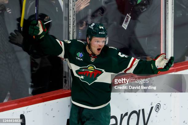 Mason Shaw of the Minnesota Wild celebrates his goal against the Montreal Canadiens in the second period of the game at Xcel Energy Center on...
